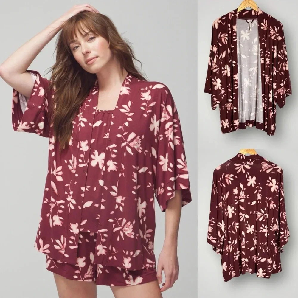 Soma Cool Nights Sleep Cardigan Size XXL Floral Open Stretch 3/4 Sleeve